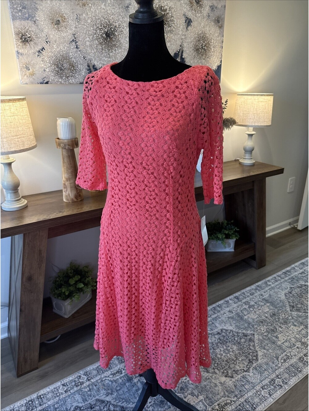 Chris McLaughlin Midi Dress Crochet With Liner New Coral Size 6